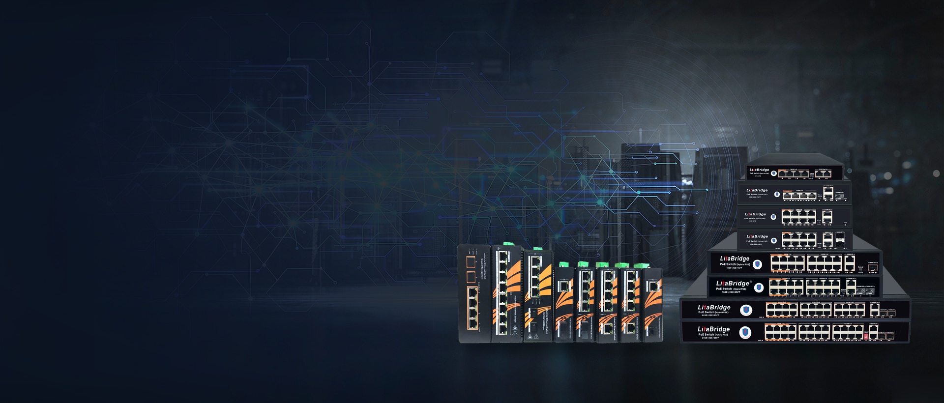 Industrial PoE switches mounted in a network cabinet