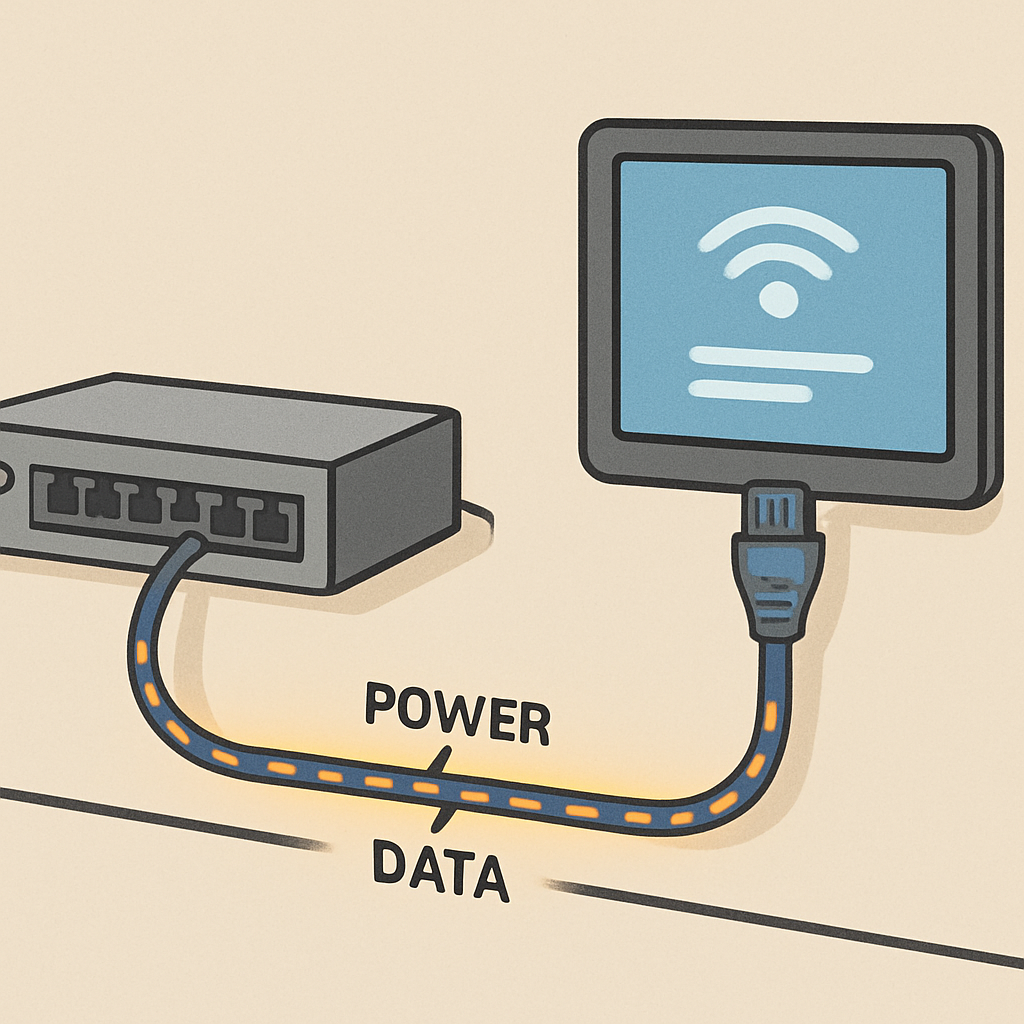 A simple illustration of a single Ethernet cable connecting a network switch to a smart display on a wall, showing both power and data flowing through it.