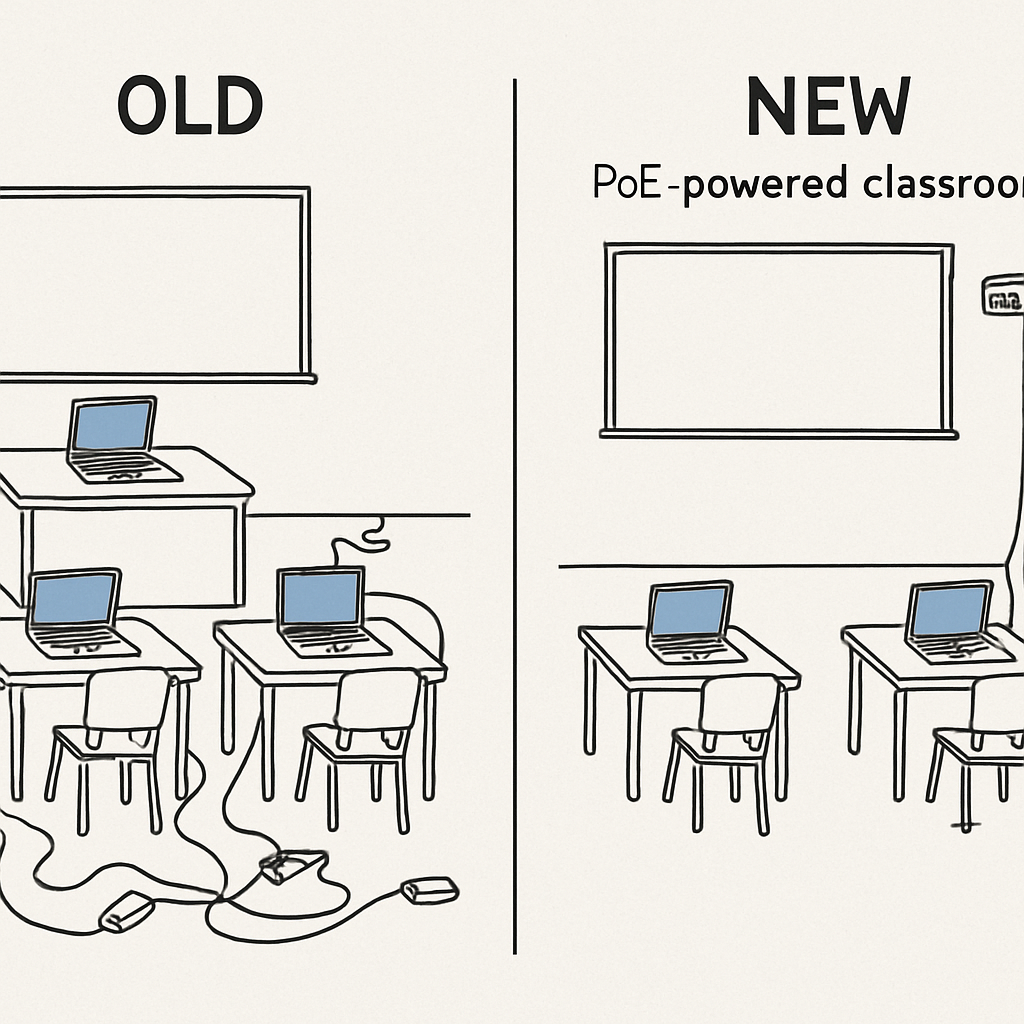 A diagram comparing a messy 'old' classroom with many power bricks to a 'new' PoE-powered classroom with clean, minimal wiring.